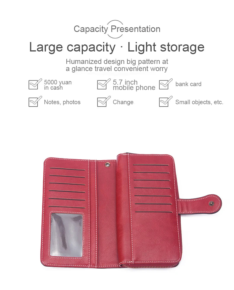Vintage Large Capacity Women's Purse, Monochromatic, Multi-card, Long Wallet, Multi-function Zipper Strap, Wrist Strap, New