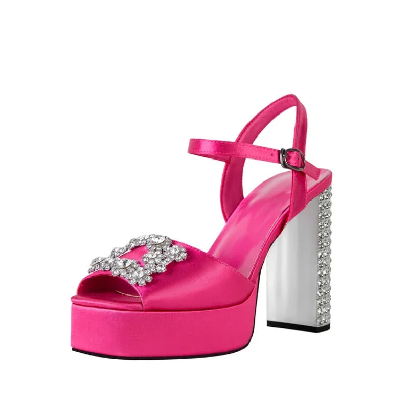 Square Headed Satin Banquet Sandals 2026 New Rhinestone Thick Heel High Heels 35-43 Leather Waterproof Platform Show Women Shoes