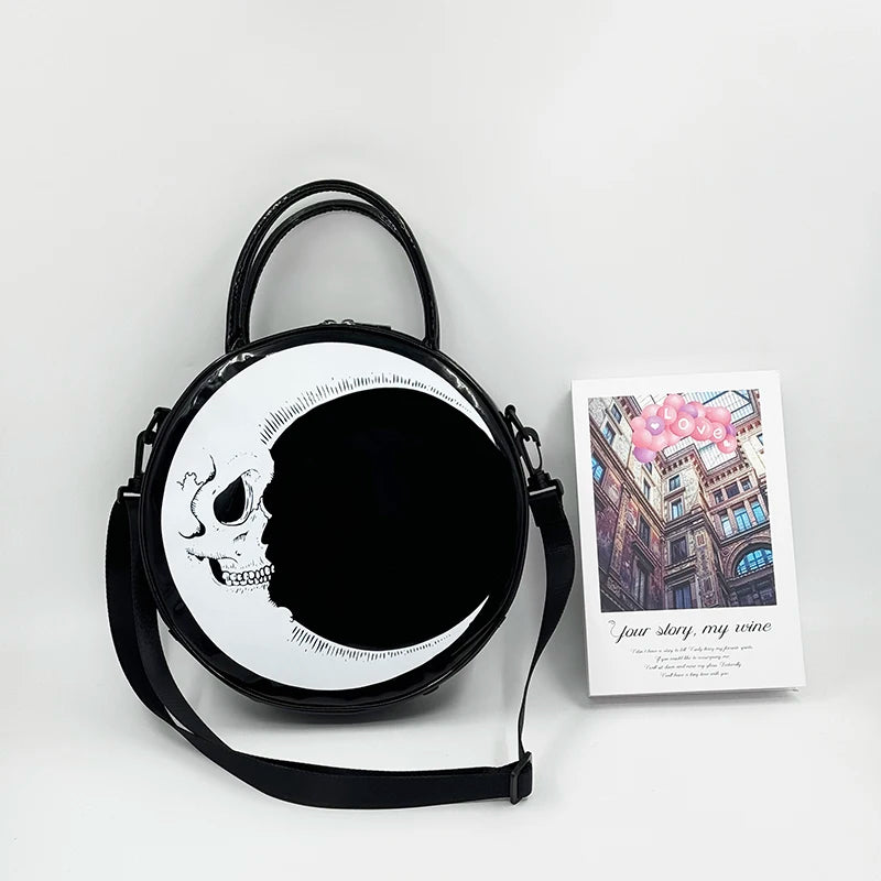 Girls Punk Dark Gothic Novel Shoulder Bag Skull Crossbody Bag, Moon Messenger Bag, Round Bag