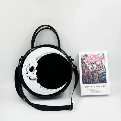Girls Punk Dark Gothic Novel Shoulder Bag Skull Crossbody Bag, Moon Messenger Bag, Round Bag