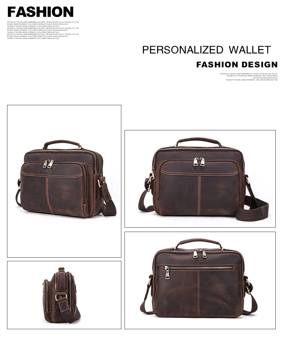 CONTACT'S Crazy Horse Leather Men Messenger Bag Vintage Man Crossbody Bag Handbags Large Capacity Male Shoulder Bags Bolsos
