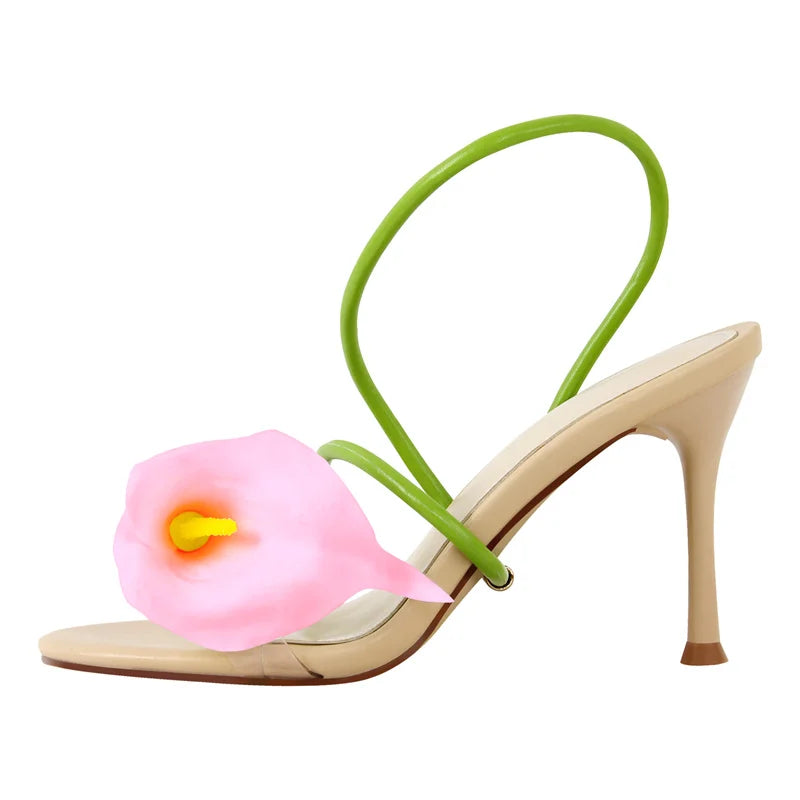 Onlymaker Women Open Toe Elegant Calla Lily Flower Sandals Wedding Heels Dressy Slingback Kitten Heel Summer Strappy Sandals