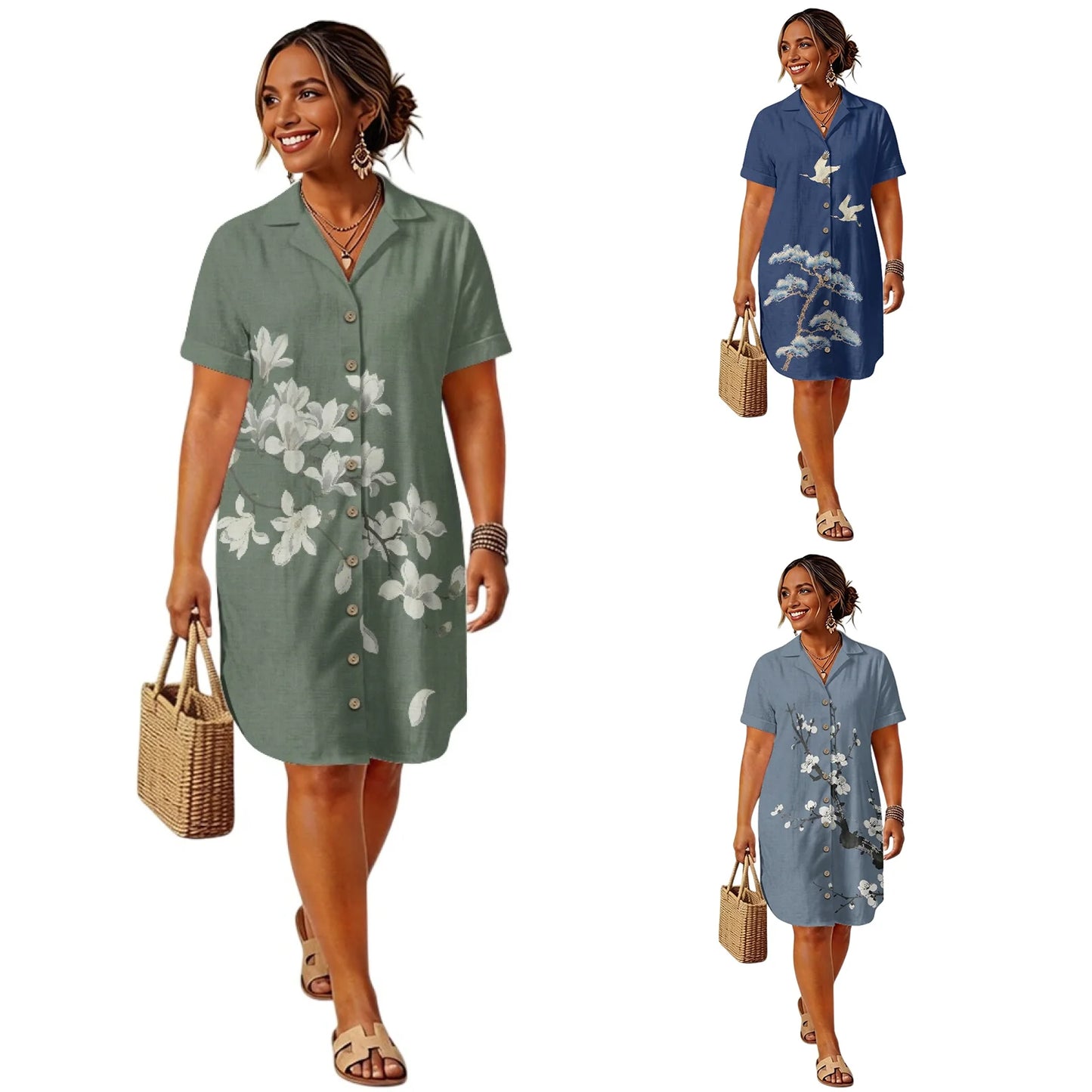 Women's Linen Shirt Dress Chinese Style Flower Womens Dress Summer Button-Down Shirt Dress Loose A-Line Midi Shift Tunic Dress