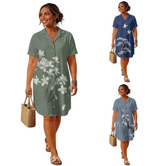 Women's Linen Shirt Dress Chinese Style Flower Womens Dress Summer Button-Down Shirt Dress Loose A-Line Midi Shift Tunic Dress