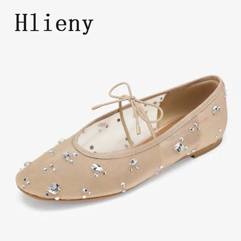 Hlieny Fashion Lace Up Mary Jane Shoes Women Elegant Ballet Flats Crystal Rhinestone Mesh Round Toe Loafers Ladies Mules Sandals