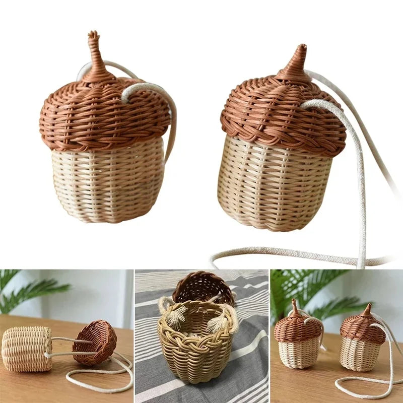 Creative Acorn Shaped Diagonal Cross Bag Storage Basket Hand Woven Circular Rattan Bag Beach Style Woven Shoulder Bag Photo Prop