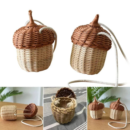Creative Acorn Shaped Diagonal Cross Bag Storage Basket Hand Woven Circular Rattan Bag Beach Style Woven Shoulder Bag Photo Prop