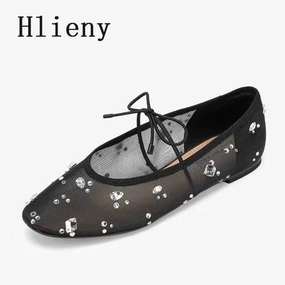 Hlieny Fashion Lace Up Mary Jane Shoes Women Elegant Ballet Flats Crystal Rhinestone Mesh Round Toe Loafers Ladies Mules Sandals