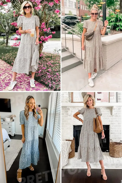 Summer Dresses for Women 2026 Casual Floral Boho Midi Sun DrPuff Short Sleeve Flowy Beach Vacation Sundress