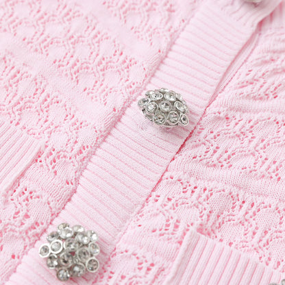 ZJYT New Summer Women's Sleeveless Knit Dress Elegant Sweet Pink Casual Party Mini Short Dresses Female Knitwears with Buttons