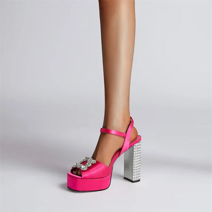 Square Headed Satin Banquet Sandals 2026 New Rhinestone Thick Heel High Heels 35-43 Leather Waterproof Platform Show Women Shoes