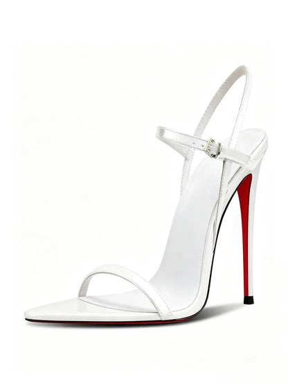 Summer new sexy 12cm white high heels, women's pointed ultra-fine heels with a single buckle strap, plus size lace up sandals