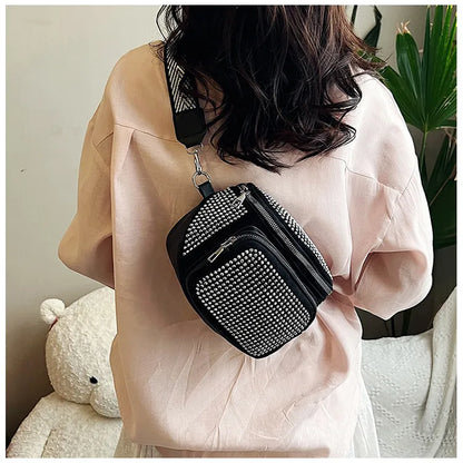 Fashion Shiny Women crossbody bags PU leather Wide strap Female Shoulder bags Ladies Waist Pack and Purses Saddle Chest Bags