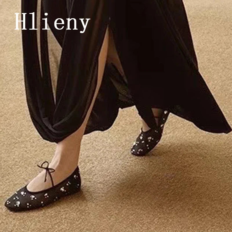 Hlieny Fashion Lace Up Mary Jane Shoes Women Elegant Ballet Flats Crystal Rhinestone Mesh Round Toe Loafers Ladies Mules Sandals