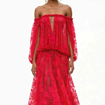 Elegant Luxury Off Shoulder Lace Maxi Dress, Black Sheer Cutout Long Sleeve Gown, Socialite Party Evening Dress For Women