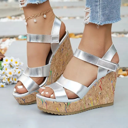 Women's Silver Chunky Platform Sandals 2026 Summer Cork Thick Sole Wedge Sandals Woman Plus Size 43 Pu Leather Casual Shoes