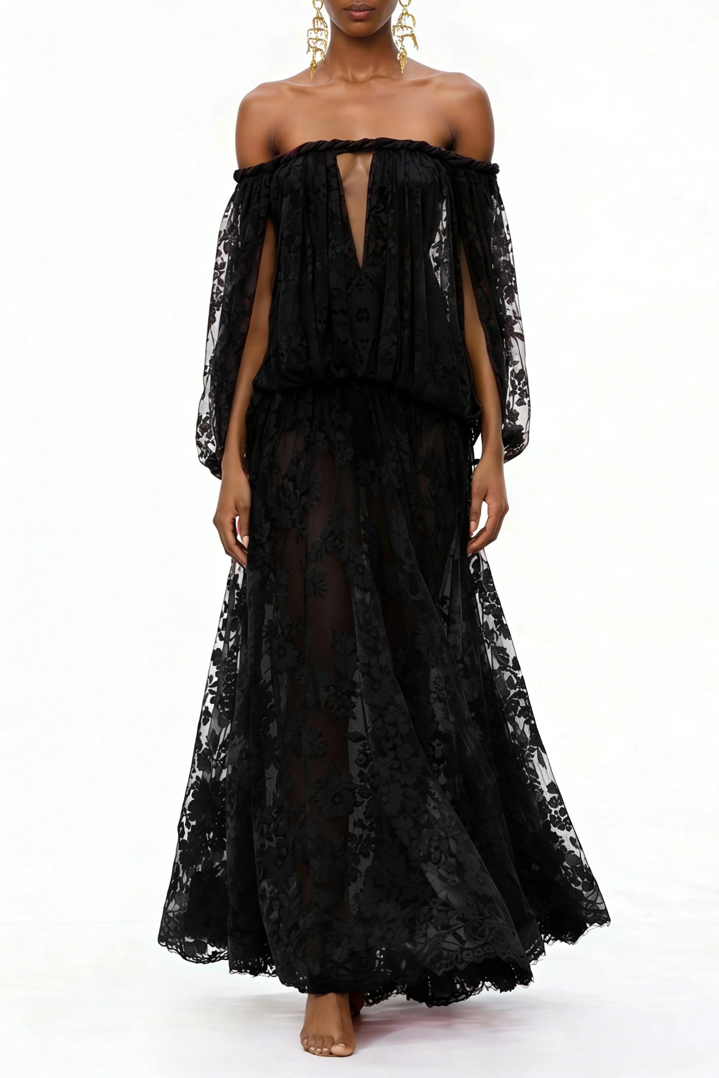 Elegant Luxury Off Shoulder Lace Maxi Dress, Black Sheer Cutout Long Sleeve Gown, Socialite Party Evening Dress For Women