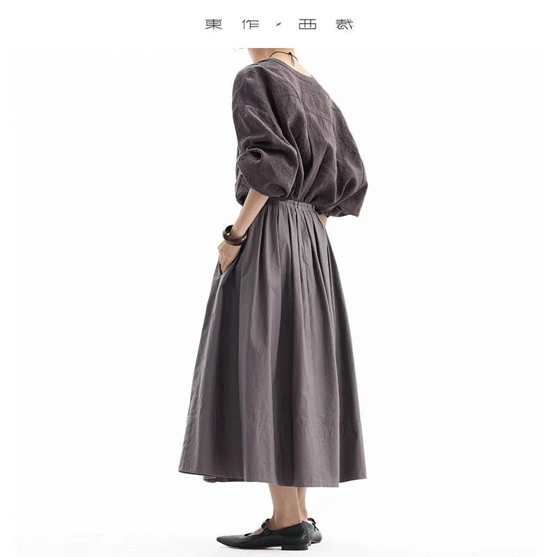 Hepburn-Style Mini Skirt~Pleated Skirt for Petite Figures, Gray-Purple 100% Cotton Umbrella Skirt, Gray A-Line Skirt, New Style for Women