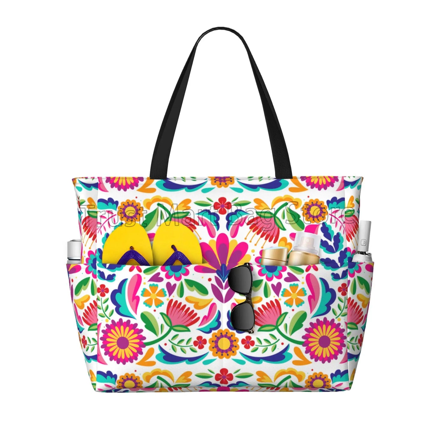 Mexican Flower Waterproof  Beach Tote Pool Bags for Women Ladies Extra Large Gym Tote Carry on Bag for Weekender Travel Swim