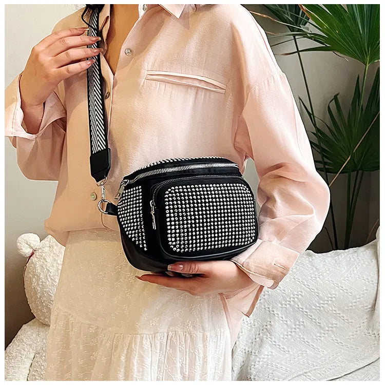 Fashion Shiny Women crossbody bags PU leather Wide strap Female Shoulder bags Ladies Waist Pack and Purses Saddle Chest Bags