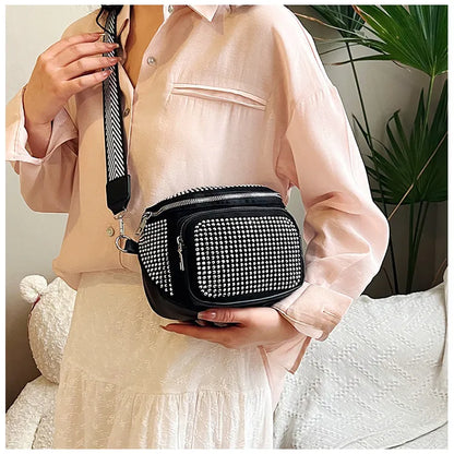 Fashion Shiny Women crossbody bags PU leather Wide strap Female Shoulder bags Ladies Waist Pack and Purses Saddle Chest Bags
