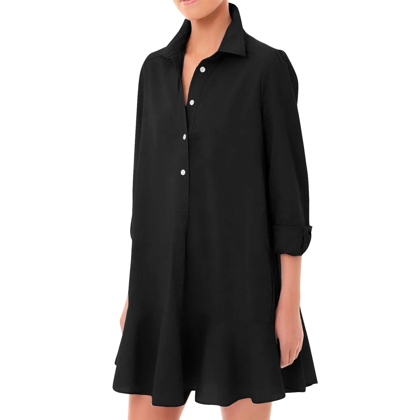 Women Loose Dresses Fashion Casual Half Open Shirt Hem Ruffle Classic Solid Dresses Daily Commute Date Simple Long Sleeve Dress