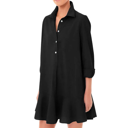 Women Loose Dresses Fashion Casual Half Open Shirt Hem Ruffle Classic Solid Dresses Daily Commute Date Simple Long Sleeve Dress