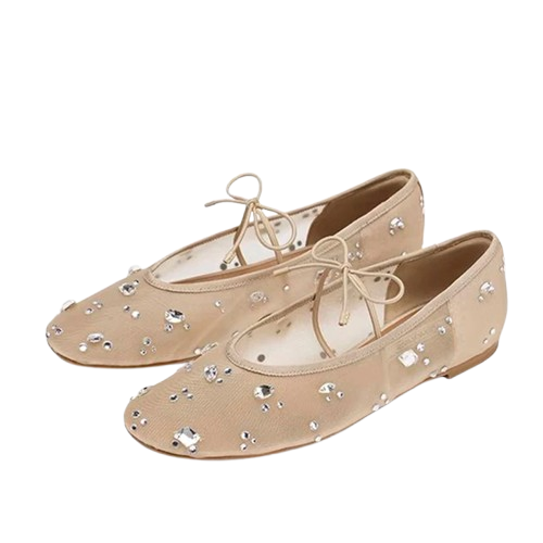 Hlieny Fashion Lace Up Mary Jane Shoes Women Elegant Ballet Flats Crystal Rhinestone Mesh Round Toe Loafers Ladies Mules Sandals