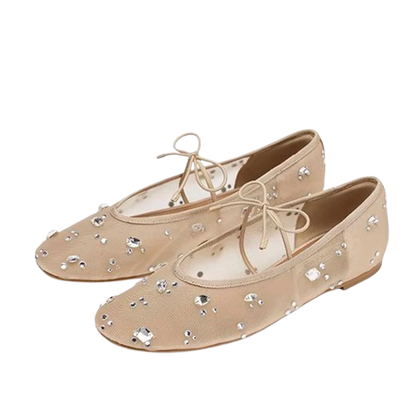 Hlieny Fashion Lace Up Mary Jane Shoes Women Elegant Ballet Flats Crystal Rhinestone Mesh Round Toe Loafers Ladies Mules Sandals