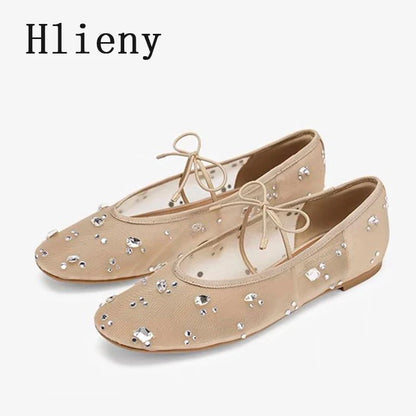 Hlieny Fashion Lace Up Mary Jane Shoes Women Elegant Ballet Flats Crystal Rhinestone Mesh Round Toe Loafers Ladies Mules Sandals