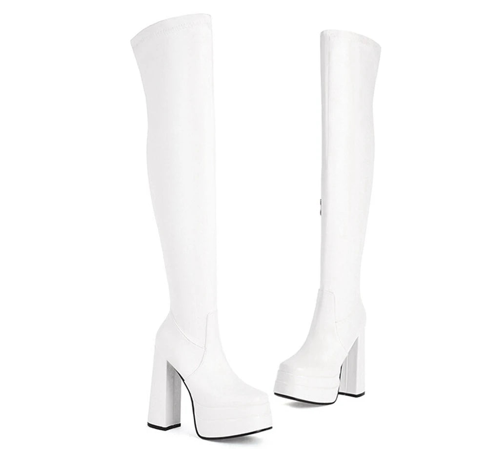 Women Patent Leather Over The Knee Platform Boots Black White Red Double Layer Block Heel Thigh High Boots Plus Size 34-48 23-06