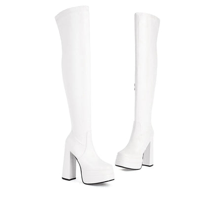 Women Patent Leather Over The Knee Platform Boots Black White Red Double Layer Block Heel Thigh High Boots Plus Size 34-48 23-06