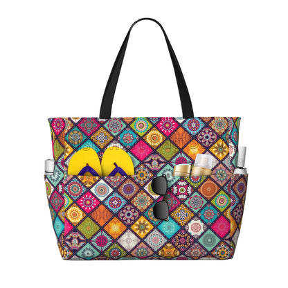 Ethnic Mandala Flowers Waterproof  Beach Tote Pool Bags for Women Ladies Extra Large Gym Tote Carry on Bag for Weekender Travel