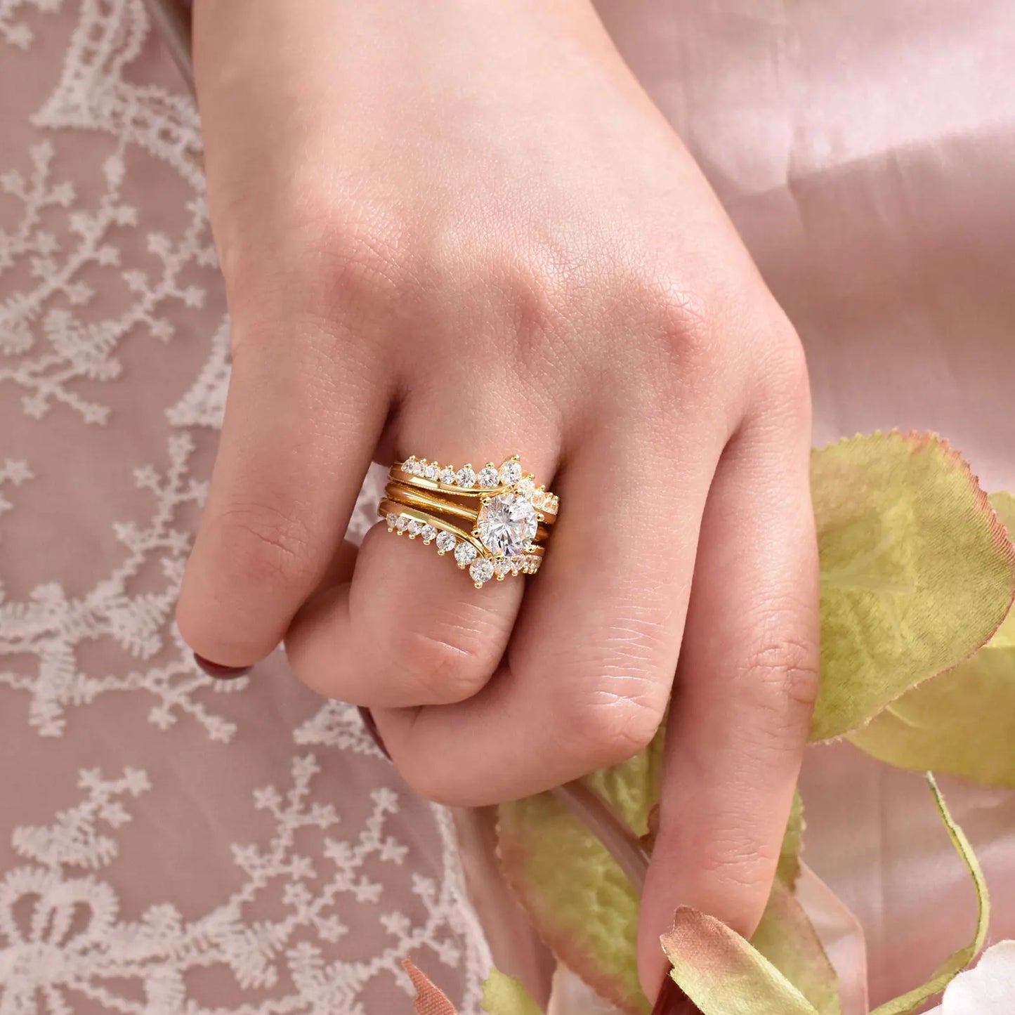 Newshe 14k Yellow Gold Plated Bridal Ring Set for Women 2Ct Round Cut AAAAA Zircon Wedding Engagement Anniversary Band BR1167_Y