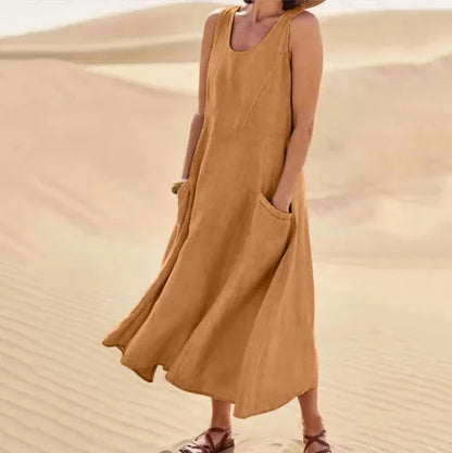 Women Coton Linen Sundress Summer Female Sleeveless Double Big Pocket Loose Sand Beachwear Long Dress Oversized S-5XL LRFZ-818