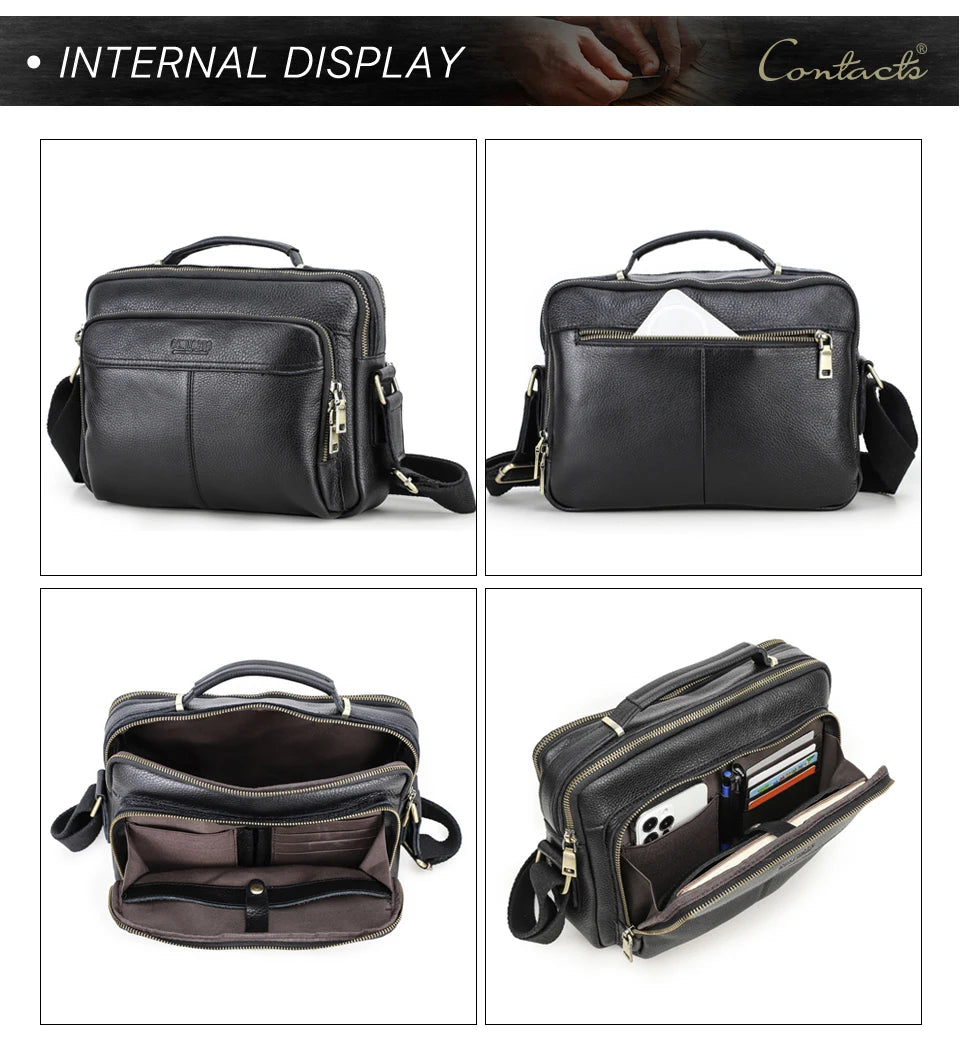 CONTACT'S Crazy Horse Leather Men Messenger Bag Vintage Man Crossbody Bag Handbags Large Capacity Male Shoulder Bags Bolsos
