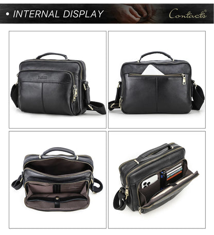CONTACT'S Crazy Horse Leather Men Messenger Bag Vintage Man Crossbody Bag Handbags Large Capacity Male Shoulder Bags Bolsos
