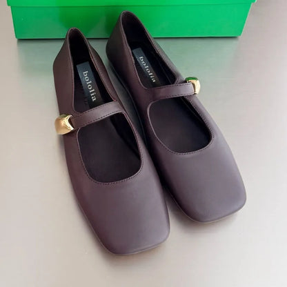 High Quality Women's Soft-soled Mary Jane Square Toe Versatile Commuter Metallic Decor One Strap Genuine Leather Flat Shoes