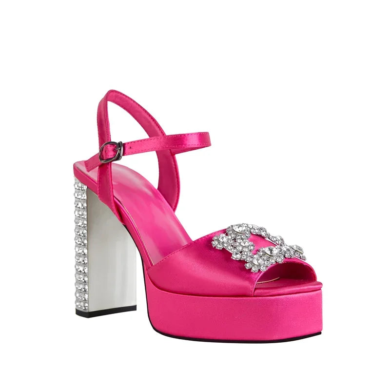 Square Headed Satin Banquet Sandals 2026 New Rhinestone Thick Heel High Heels 35-43 Leather Waterproof Platform Show Women Shoes
