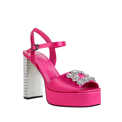 Square Headed Satin Banquet Sandals 2026 New Rhinestone Thick Heel High Heels 35-43 Leather Waterproof Platform Show Women Shoes