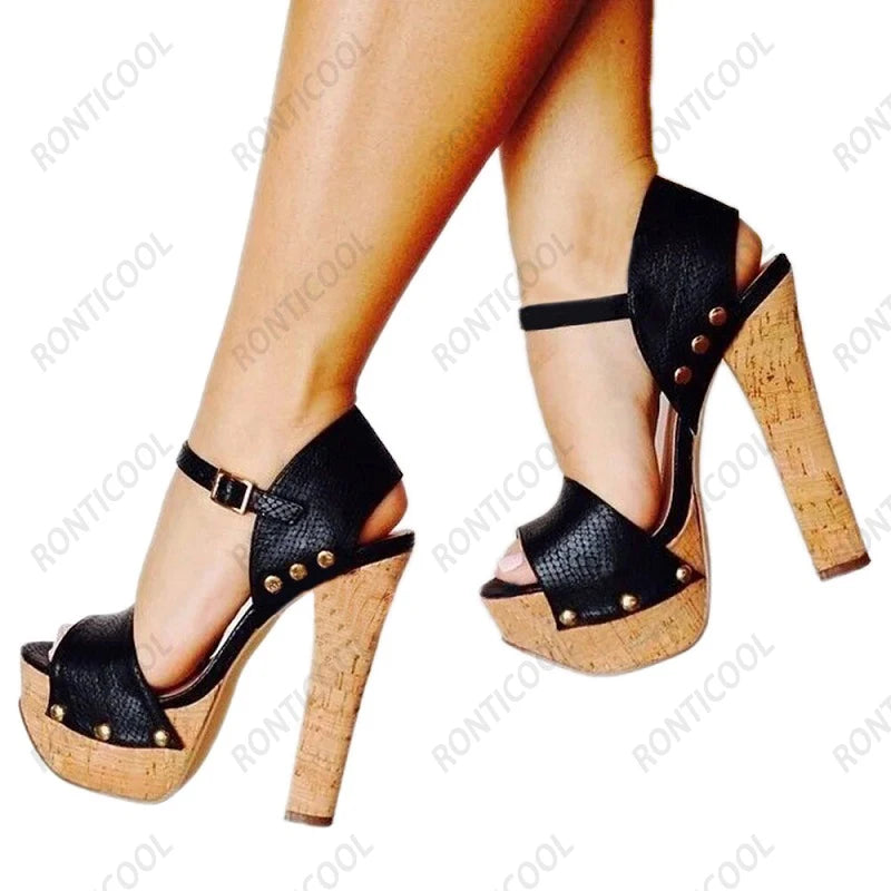 Ronticool Women Summer Black Cork Heel Platform Sandals - Ankle Strap High Heels Black Casual Shoes Ladies US Plus Size 5-20