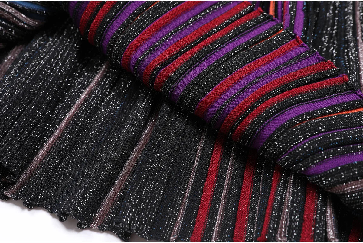 ZJYT Europe Fashion Summer Striped Pleated Knitted Dresses for Women Elegant V Neck Short Sleeve Midi Vintage Holiday Dress 2026