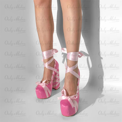 Onlymaker Womens Round Toe Platform Bow Ribbon Pumps Cute Lolita Ballet Lace-up Hoof Chunky Heel Pumps