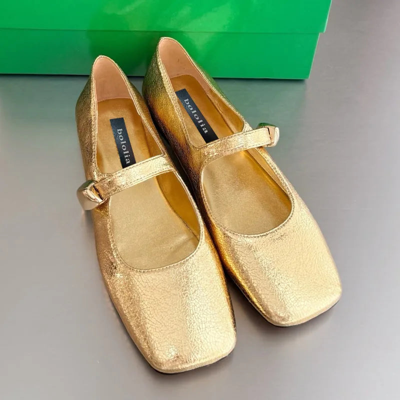 High Quality Women's Soft-soled Mary Jane Square Toe Versatile Commuter Metallic Decor One Strap Genuine Leather Flat Shoes