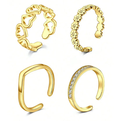 4pcs Stainless Steel Toe Ring Pack Set Hollow Love Flower Leaves Spot Drill Moon Multi-Style Size Adjustable Summer Beach Must