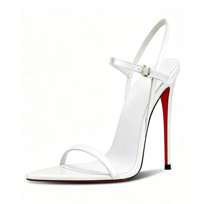 Summer new sexy 12cm white high heels, women's pointed ultra-fine heels with a single buckle strap, plus size lace up sandals