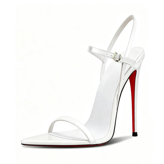 Summer new sexy 12cm white high heels, women's pointed ultra-fine heels with a single buckle strap, plus size lace up sandals