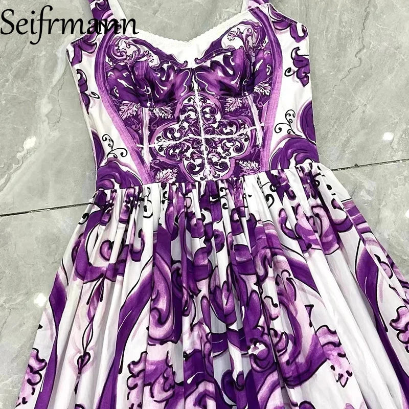 Seifrmann Baroque print Slim Ball Gown Dress Spaghetti Strap Backless Pleated Splicing Casual Holiday A-Line Cotton Dresses