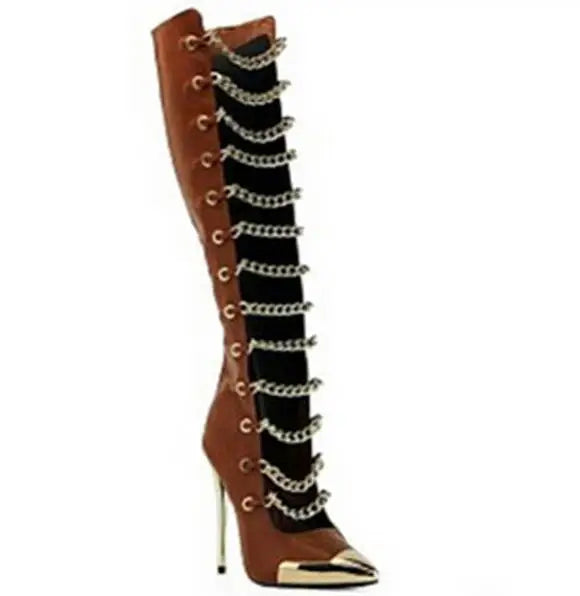 Sexy Front Chains Cutout Pointed Metal Toe Knee Boots Gold High Heel Woman Summer Boots Fashion Gladiator Party Shoes