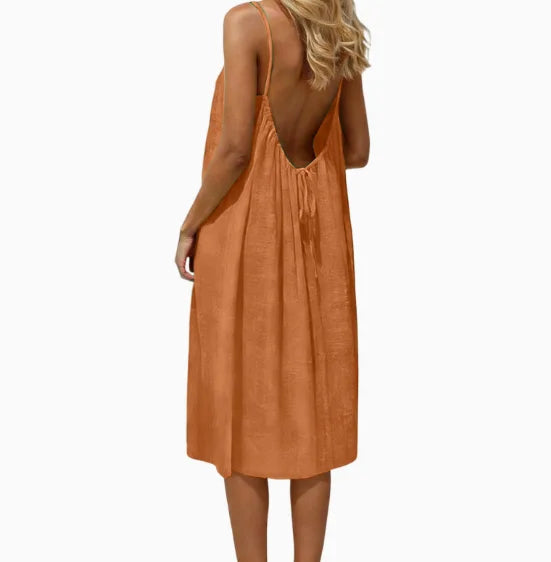 Summer Women Spaghetti Strap Dress Solid Color Loose Casual Midi Dress Sleeveless A-Line Beach Sundress